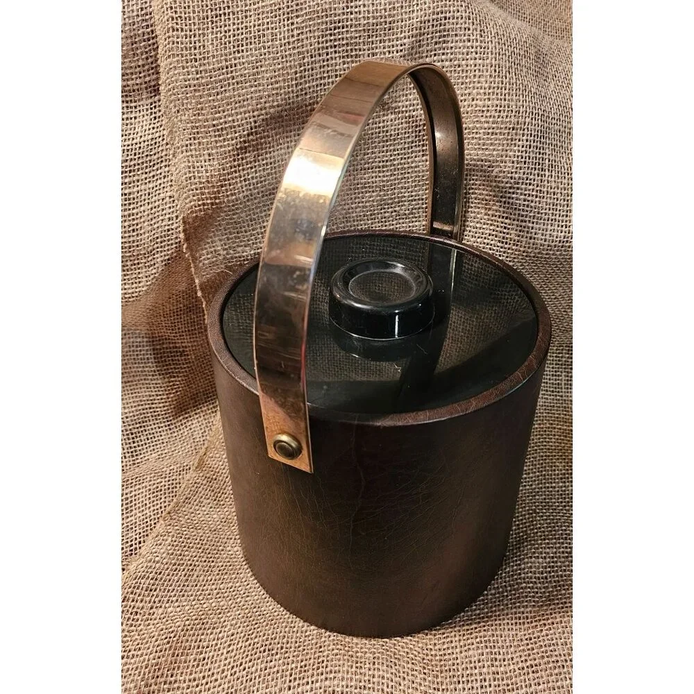Vintage 1980's Ice Bucket Made in Italy #501 Laux Leather Gold Tone Metal Handle